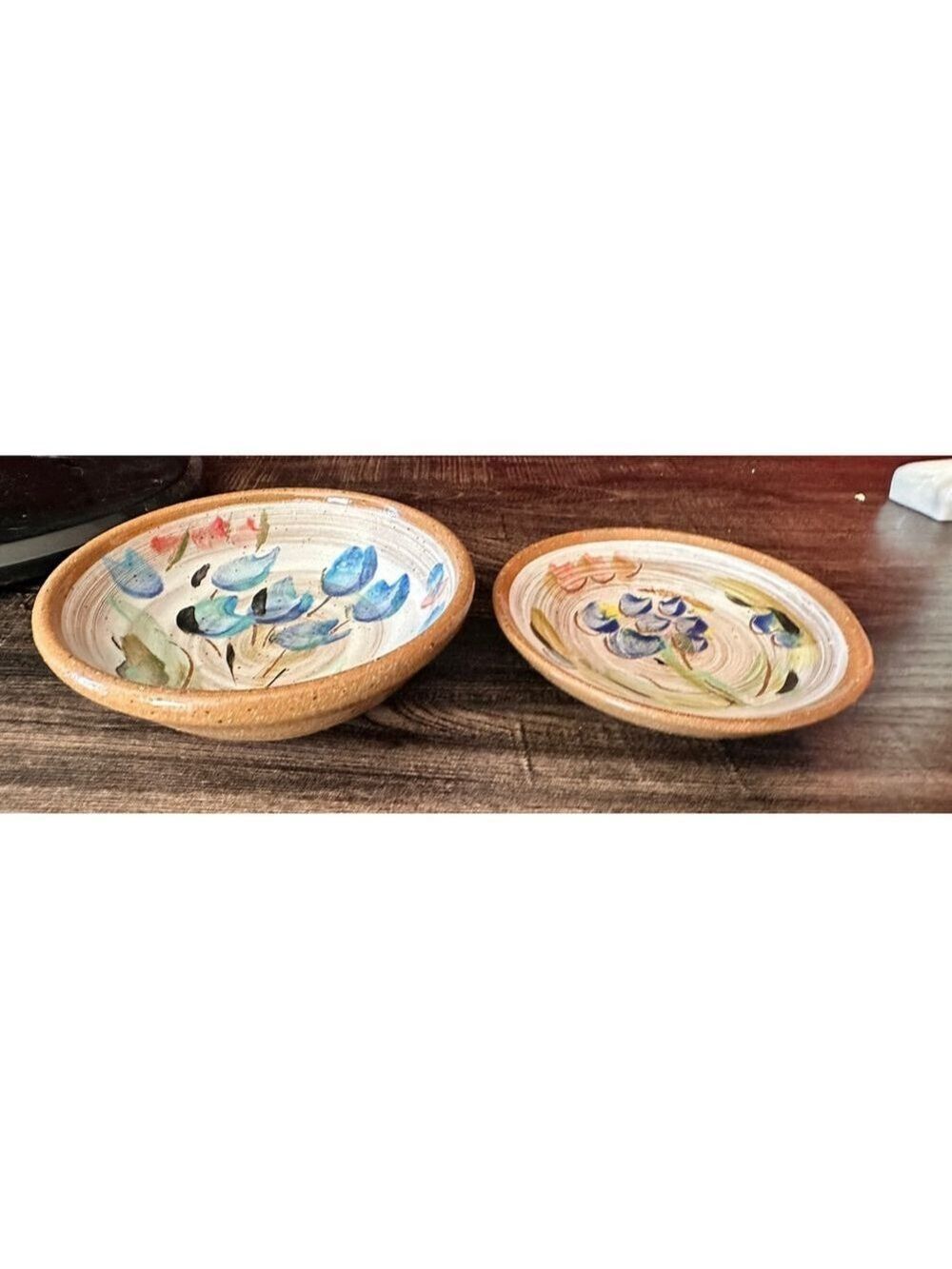 Signed Handmade Ceramic Bowls Set of 2 Blue Floral Pottery Stoneware Dinnerware - Picture 3 of 10